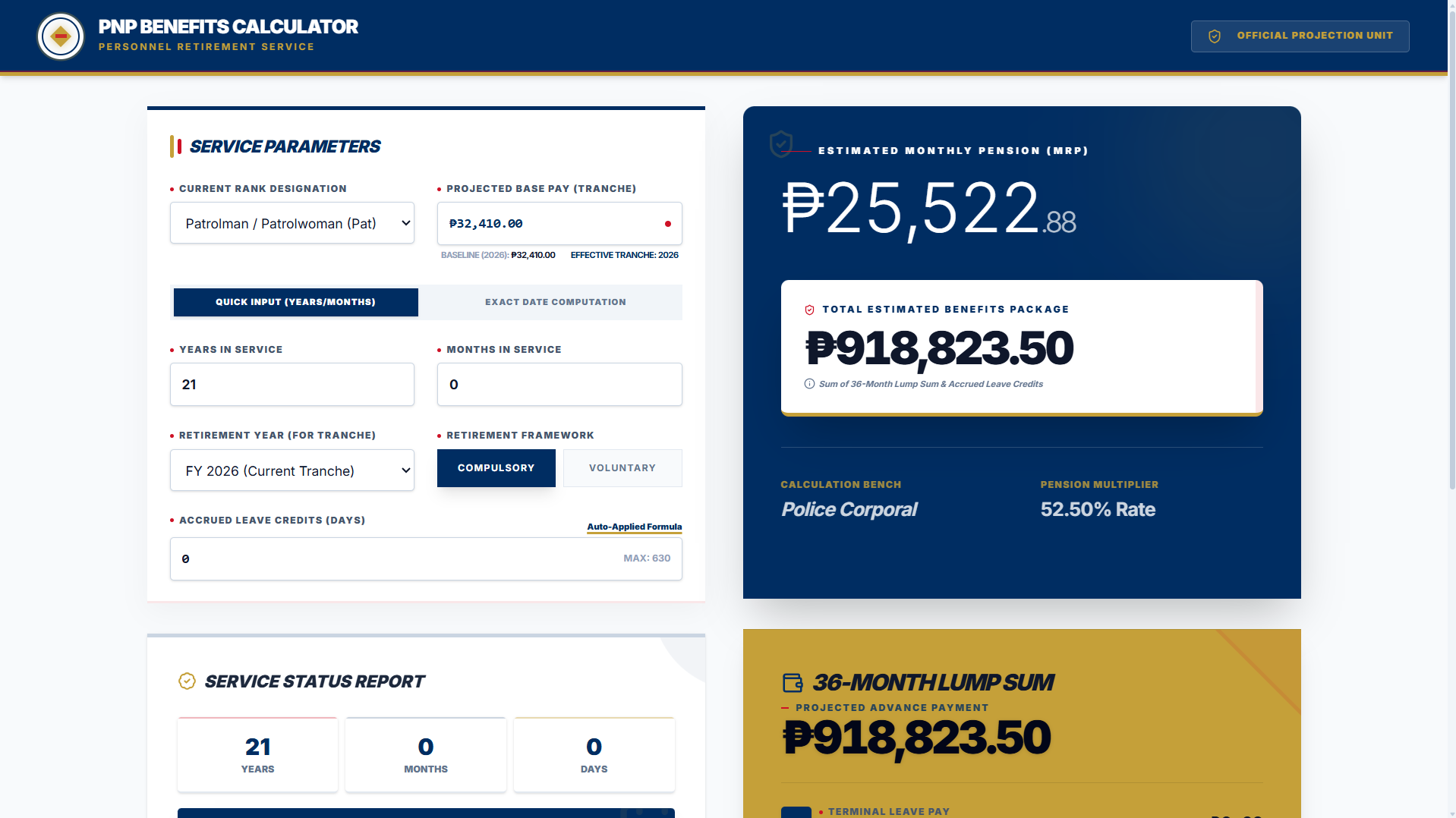 PNP Retirement Calculator Interface